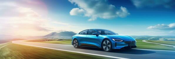 AI generated Electric vehicle car or EV car driving on the road green nature and blue sky background. Sustainable and renewable energy concept photo