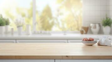 AI generated Empty wooden table in the kitchen for montage product display, showcase, presentation and design photo