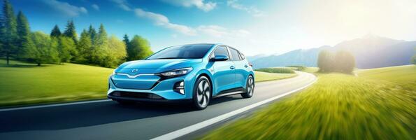 ai generado eléctrico vehículo coche o ev coche conducción en el la carretera verde naturaleza y azul cielo antecedentes. sostenible y renovable energía concepto foto