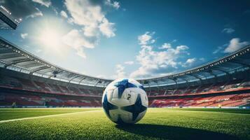 AI generated Ball on green grass in soccer stadium, Football banner illustration. Soccer field photo