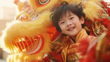 ai generado contento asiático niño celebrando chino nuevo año al aire libre foto