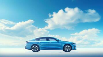 AI generated Electric vehicle car or EV car on cloudy blue sky background. Sustainable and renewable energy concept photo