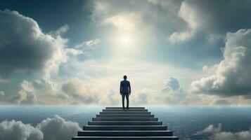 AI generated Businessman standing on top of stair cloudy sky background. Business goal and success concept, achievement, leadership photo