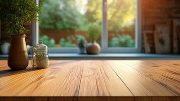 AI generated Empty wooden table in the kitchen for montage product display, showcase, presentation and design photo