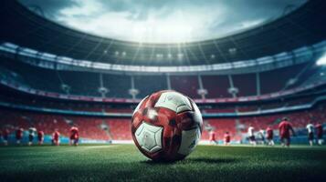 AI generated Ball on green grass in soccer stadium, Football banner illustration. Soccer field photo