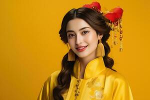 AI generated Happy young asian woman wear traditional chinese costume on studio background, Happy chinese new year photo