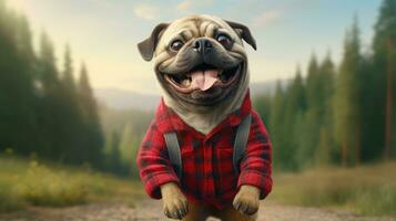 AI generated Dog wearing a red lumberjack shirt on green nature background photo