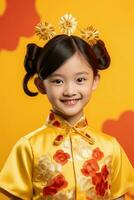 AI generated Studio portrait of happy asian girl wear traditional chinese costume on yellow background, Happy chinese new year. photo