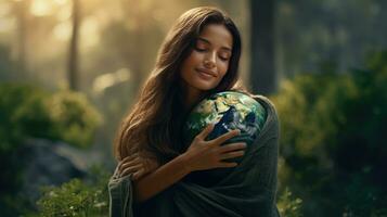 AI generated Happy Woman Hugging Planet Earth. Female Embracing Globe Earth for World Protection, Earth Day, World Environment Day, Save th World. Zero Carbon Dioxide Emissions photo