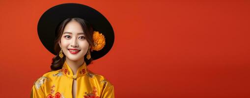 AI generated Happy young asian woman wear traditional chinese costume on studio background with copy space, Happy chinese new year photo