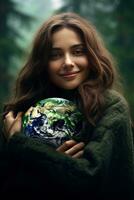 AI generated Happy Woman Hugging Planet Earth. Female Embracing Globe Earth for World Protection, Earth Day, World Environment Day, Save th World. Zero Carbon Dioxide Emissions photo