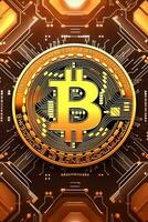 AI generated Golden bitcoin background. Cryptocurrency trading, Financial investment concept, Digital money blockchain technology photo