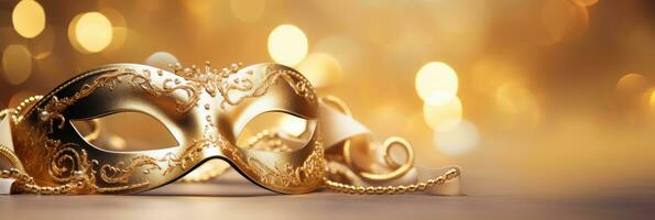 AI generated Golden carnival mask on beautiful bokeh background. Mardi gras party, Carnival festival celebration, Venetian mask, Masquerade disguise photo