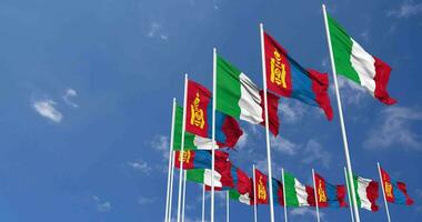 Mongolia and Italy Flags Waving Together in the Sky, Seamless Loop in Wind, Space on Left Side for Design or Information, 3D Rendering video