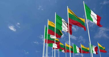 Lithuania and Italy Flags Waving Together in the Sky, Seamless Loop in Wind, Space on Left Side for Design or Information, 3D Rendering video