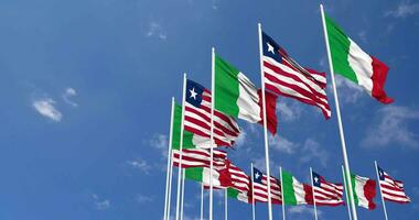 Liberia and Italy Flags Waving Together in the Sky, Seamless Loop in Wind, Space on Left Side for Design or Information, 3D Rendering video