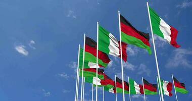 Malawi and Italy Flags Waving Together in the Sky, Seamless Loop in Wind, Space on Left Side for Design or Information, 3D Rendering video