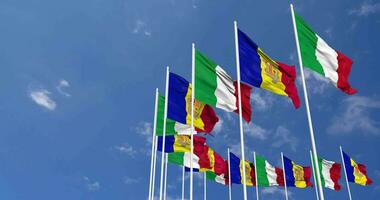 Andorra and Italy Flags Waving Together in the Sky, Seamless Loop in Wind, Space on Left Side for Design or Information, 3D Rendering video