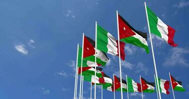 Jordan und Italien Flaggen winken zusammen im das Himmel, nahtlos Schleife im Wind, Raum auf links Seite zum Design oder Information, 3d Rendern video