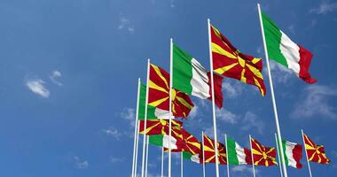 North Macedonia and Italy Flags Waving Together in the Sky, Seamless Loop in Wind, Space on Left Side for Design or Information, 3D Rendering video