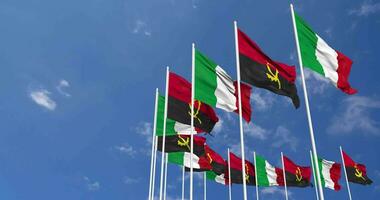Angola and Italy Flags Waving Together in the Sky, Seamless Loop in Wind, Space on Left Side for Design or Information, 3D Rendering video