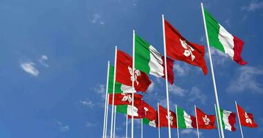 Hong Kong and Italy Flags Waving Together in the Sky, Seamless Loop in Wind, Space on Left Side for Design or Information, 3D Rendering video