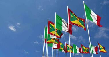 Grenada and Italy Flags Waving Together in the Sky, Seamless Loop in Wind, Space on Left Side for Design or Information, 3D Rendering video