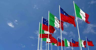 Samoa and Italy Flags Waving Together in the Sky, Seamless Loop in Wind, Space on Left Side for Design or Information, 3D Rendering video