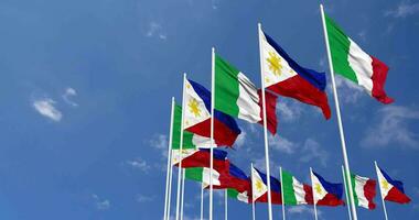 Philippines and Italy Flags Waving Together in the Sky, Seamless Loop in Wind, Space on Left Side for Design or Information, 3D Rendering video