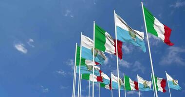 San Marino and Italy Flags Waving Together in the Sky, Seamless Loop in Wind, Space on Left Side for Design or Information, 3D Rendering video