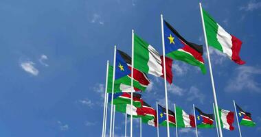 South Sudan and Italy Flags Waving Together in the Sky, Seamless Loop in Wind, Space on Left Side for Design or Information, 3D Rendering video