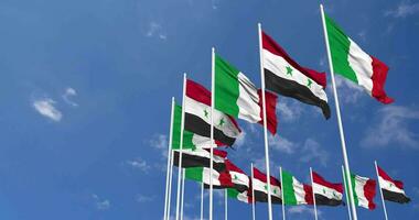 Syria and Italy Flags Waving Together in the Sky, Seamless Loop in Wind, Space on Left Side for Design or Information, 3D Rendering video