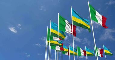 Rwanda and Italy Flags Waving Together in the Sky, Seamless Loop in Wind, Space on Left Side for Design or Information, 3D Rendering video