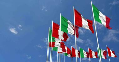 Peru and Italy Flags Waving Together in the Sky, Seamless Loop in Wind, Space on Left Side for Design or Information, 3D Rendering video