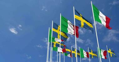 Sweden and Italy Flags Waving Together in the Sky, Seamless Loop in Wind, Space on Left Side for Design or Information, 3D Rendering video