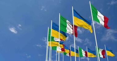 Ukraine and Italy Flags Waving Together in the Sky, Seamless Loop in Wind, Space on Left Side for Design or Information, 3D Rendering video