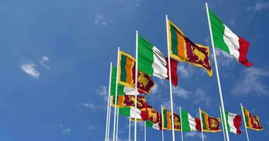 Sri Lanka and Italy Flags Waving Together in the Sky, Seamless Loop in Wind, Space on Left Side for Design or Information, 3D Rendering video