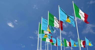 Saint Lucia and Italy Flags Waving Together in the Sky, Seamless Loop in Wind, Space on Left Side for Design or Information, 3D Rendering video