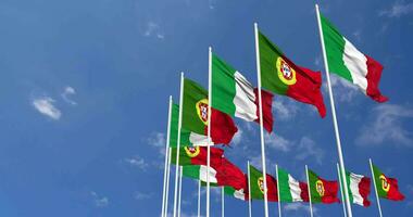 Portugal and Italy Flags Waving Together in the Sky, Seamless Loop in Wind, Space on Left Side for Design or Information, 3D Rendering video