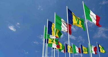 Saint Vincent and the Grenadines and Italy Flags Waving Together in the Sky, Seamless Loop in Wind, Space on Left Side for Design or Information, 3D Rendering video