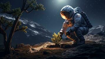 AI generated An astronaut plants a tree on moon. Science fiction, Space exploration photo