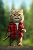 ai generado gato vistiendo un rojo leñador camisa en verde naturaleza antecedentes foto