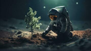 AI generated An astronaut plants a tree on moon. Science fiction, Space exploration photo