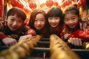 AI generated Happy Asian Kids Celebrating Chinese New Year Outdoors photo