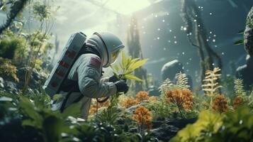 AI generated An astronaut exploring and researching a variety of plants on other planet. Science fiction, Space photo