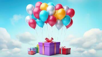 AI generated Gift box with colorful balloons on cloudy sky backgroud. Birthday anniversary, Party celebration photo