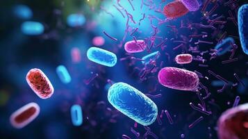 ai generado cerca arriba de microscópico bacterias ilustración. científico, intestino bacterias, bacterias en digestivo sistema foto