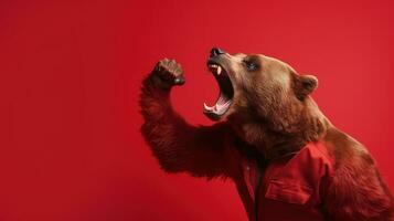 ai generado músculo oso gesto puño bomba, oso demostración luchando actitud en rojo fondo, osuno divergencia en valores mercado y criptomoneda comercio foto