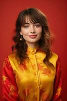 AI generated Studio portrait of happy young european woman wear traditional chinese costume on red background. Happy chinese new year photo