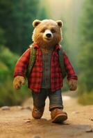 AI generated Bear wearing a red lumberjack shirt on green nature background photo